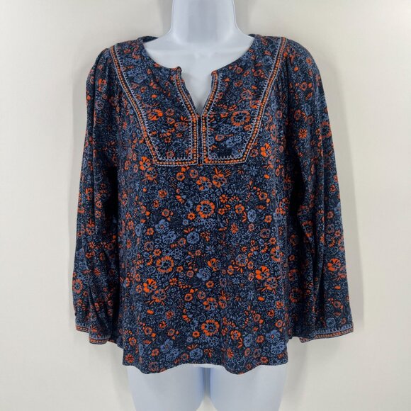 J.Jill SP Petite Boho Top Floral Split V-Neck Navy Orange - Picture 9 of 9